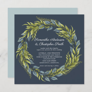 Invitation Verdure Wreath Aquarelle bleu foncé Turquoise Mari