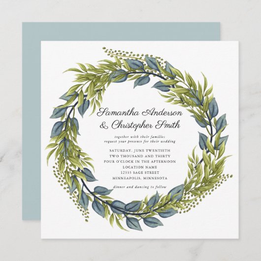 Invitation Verdure Wreath Aquarelle Vert et Mariage Turquoise (Devant / Derrière)