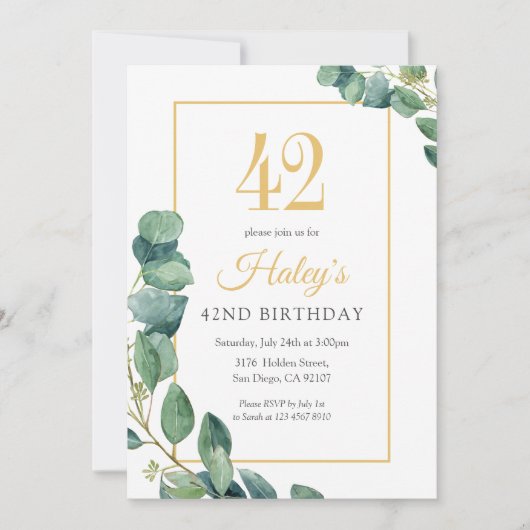 Invitation Verdure Wreath Chic Gold & Sage 42E Anniversaire (Devant)