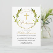 Invitation Verdure Wreath Gold Cross Girl Baptism (Debout devant)