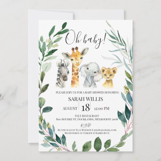 Invitation Verdure Wreath Safari Animaux Baby shower (Devant)