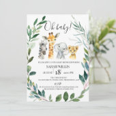 Invitation Verdure Wreath Safari Animaux Baby shower (Debout devant)