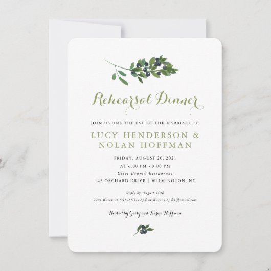 Invitation Verger d'olive aquarelle | Dîner de répétition (Devant)