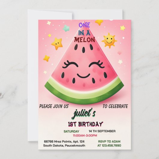Invitation véritable été rose un dans un melon premier 1er an (Devant)