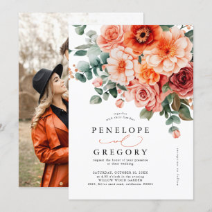 Invitation Verona Sunset Bright Orange Floral Photo Mariage
