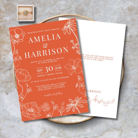 Invitation Verona Sunset Orange Floral Line Mariage