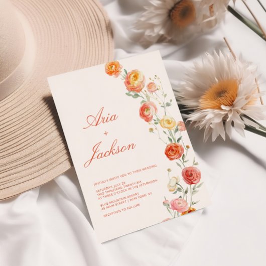 Invitation Vérone Coucher de soleil Orange Mariage Floral
