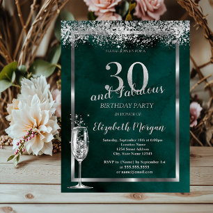 Invitation Verre à Champagne Argent Confettis Vert 30ème 