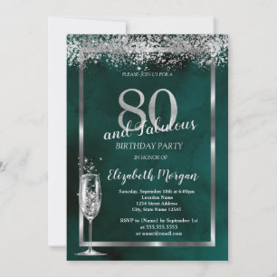 Invitation Verre à Champagne Argent Confettis Vert 80 ans