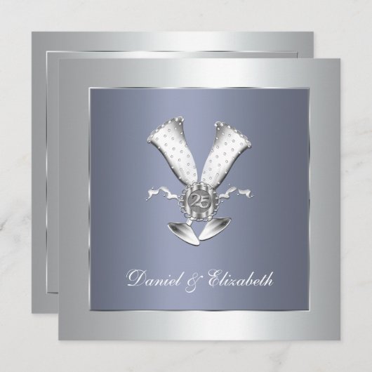 Invitation Verre à champagne bleu 25e anniversaire de mariage (Devant / Derrière)