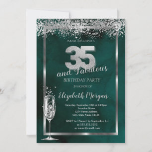Invitation Verre à champagne Confetti argent Vert 35ème 
