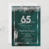 Invitation Verre à Champagne Confettis Argent Vert 65 ans (Devant)