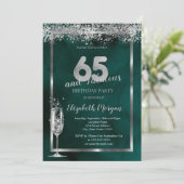 Invitation Verre à Champagne Confettis Argent Vert 65 ans (Debout devant)