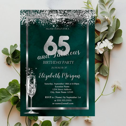 Invitation Verre à Champagne Confettis Argent Vert 65 ans