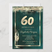 Invitation Verre à Champagne Confettis Dorés Vert 60e Anniver (Devant)
