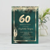 Invitation Verre à Champagne Confettis Dorés Vert 60e Anniver (Debout devant)