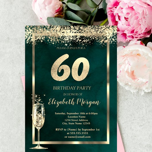 Invitation Verre à Champagne Confettis Dorés Vert 60e Anniver