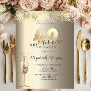 Invitation Verre à Champagne de Luxe Confettis Dorés 40 ans A