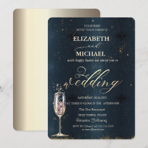 Invitation Verre à Champagne Doré Élégant Mariage Bleu Foncé