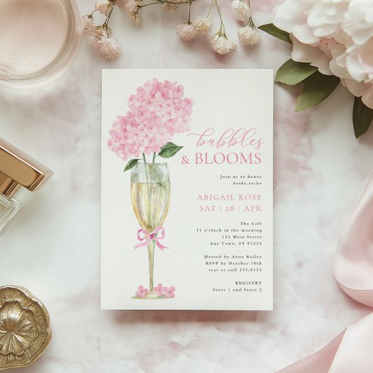 Invitation Verre à champagne Pink Hydrangea Bubbles and Bloom