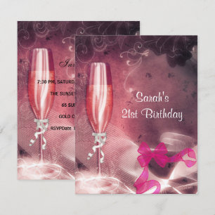 Invitation Verre à champagne rose pour fête d'anniversaire 21