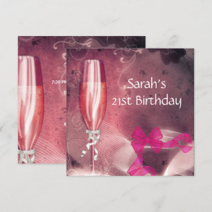 Invitation Verre à champagne rose pour fête d'anniversaire 21