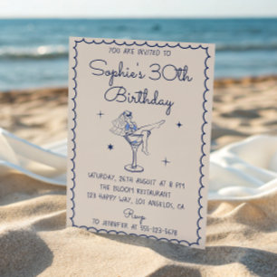 Invitation Verre à Martini Bleu Glam Chic pour 30e Anniversai