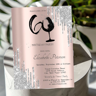 Invitation Verre à vin à gouttes de paillettes argentées Rose