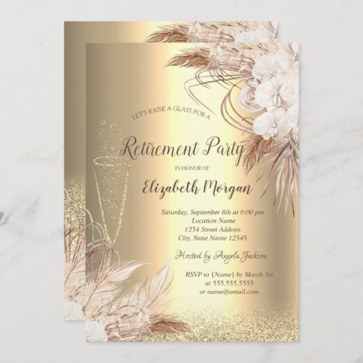 Invitation Verre à vin Bokeh or, Boho Flowers Reretirement (Devant / Derrière)