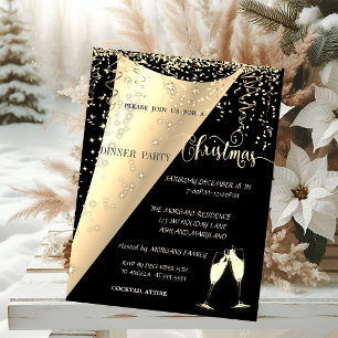 Invitation Verre à vin, Confettis, Noir, Fête de Noël en Or