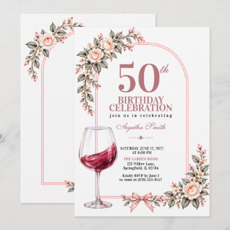 Invitation Verre à vin floral bohème rose pour 50e anniversai