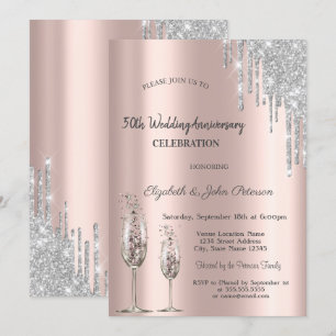 Invitation Verre à vin gouttes doré rose Mariage Anniversaire