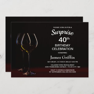 Invitation Verre à vin Noir Surprise 40e fête d'anniversaire