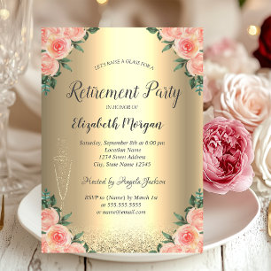 Invitation Verre à vin Paillettes Or Bokeh Roses Retraite