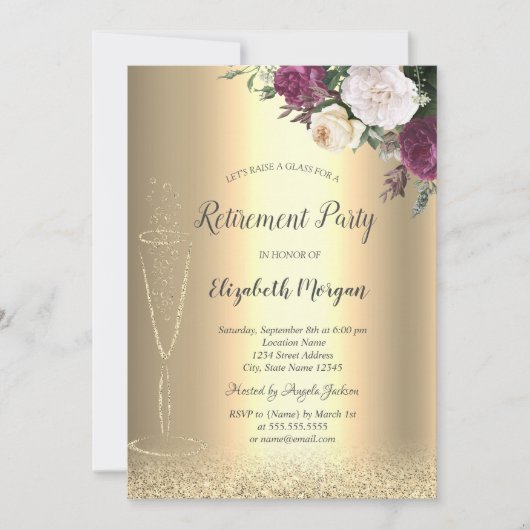 Invitation Verre à vin Parties scintillant or Bokeh Floral Re (Devant)