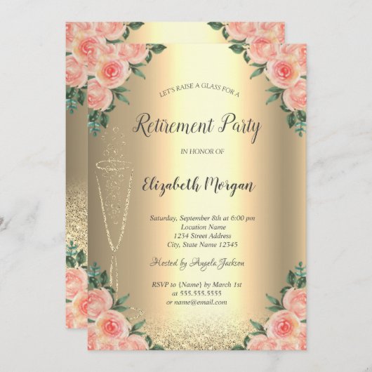 Invitation Verre à vin Parties scintillant or Bokeh Retraite  (Devant / Derrière)