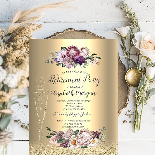 Invitation Verre à vin Parties scintillant or Fleurs tropical