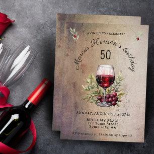 Invitation Verre à vin rouge olive aquarelle 50e anniversaire