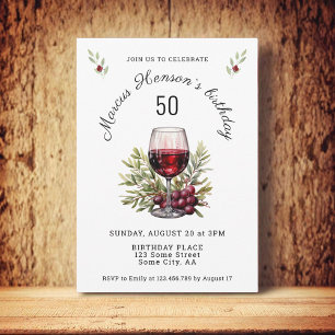 Invitation Verre à vin rouge olive aquarelle 50e anniversaire