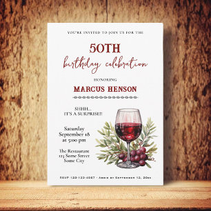 Invitation Verre à vin rustique Fête surprise pour 50e annive