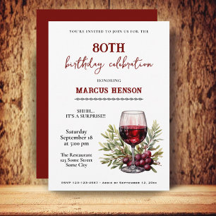 Invitation Verre à vin rustique Fête surprise pour 80 ans