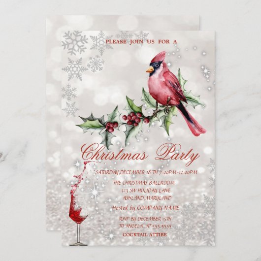 Invitation Verre Cardinal Rouge Holly Berry Bokeh Noël (Devant / Derrière)