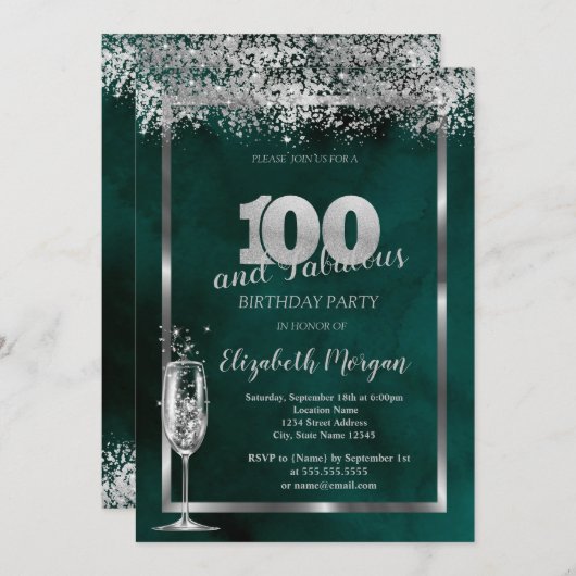 Invitation Verre Champagne Silver Confetti Vert 100e (Devant / Derrière)
