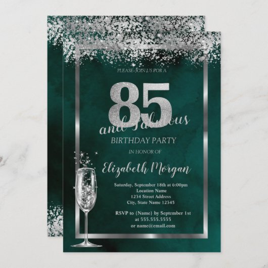 Invitation Verre Champagne Silver Confetti Vert 85e (Devant / Derrière)