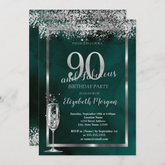 Invitation Verre Champagne Silver Confetti Vert 90e (Devant / Derrière)
