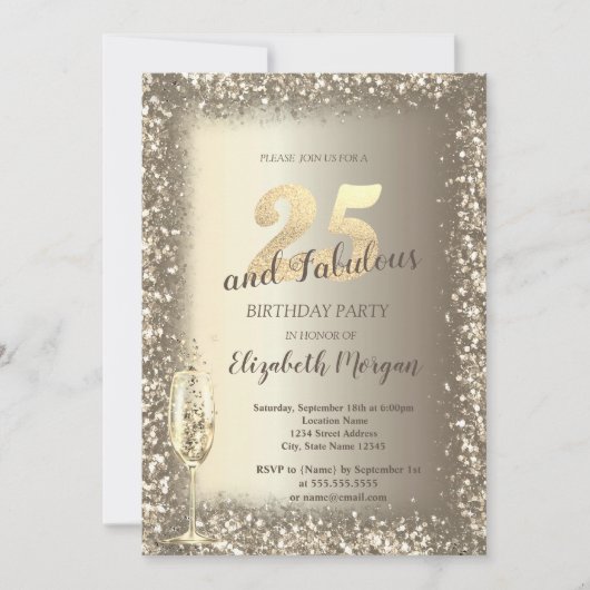 Invitation Verre de Champagne de luxe Gold Confetti Frame 25e (Devant)