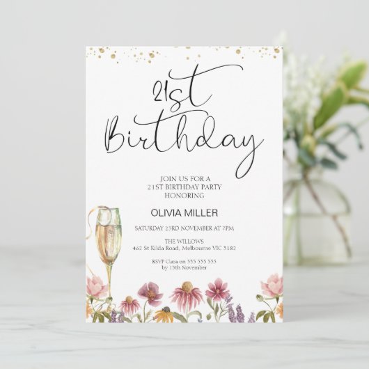 Invitation Verre de Champagne fleur sauvage 21e anniversaire (Debout devant)
