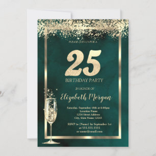Invitation Verre de Champagne Gold Confetti Vert 25e annivers