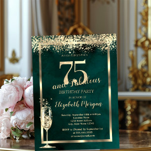 Invitation Verre de Champagne Gold Confetti Vert 75e annivers