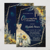 Invitation Verre de champagne, Robe, Fleurs de soleil Bleu Ma (Devant / Derrière)